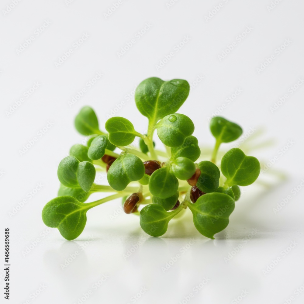 Poster close up of a small cluster of green sprouts with tiny leaves and seeds on a white background