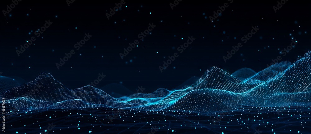 Poster this 3d rendering is a cyber technology illustration that showcases an abstract wave with moving dot