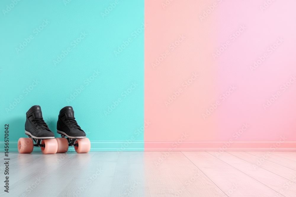 Poster roller skates against color block background