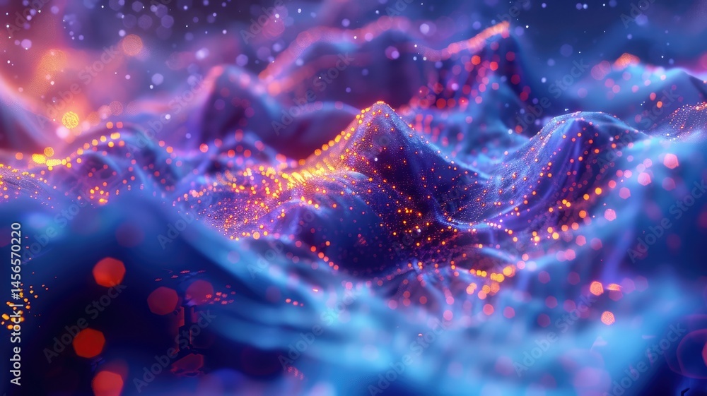Poster abstract wavy grid with vibrant red and blue lighting. digital artwork of digital wave with vibrant 