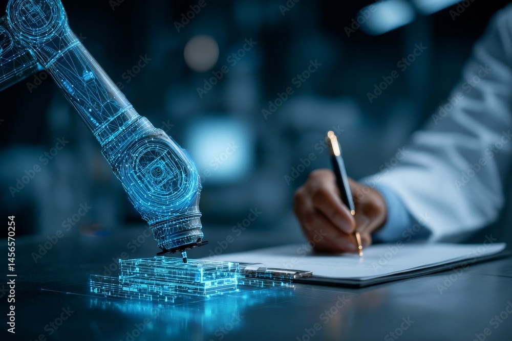 Poster at the industry, a female engineer is conducting tests on algorithm quality