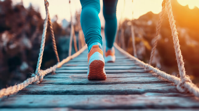 Fototapeta Sport and Adventure: Active Woman Walking on Rope Bridge at Sunset - Exploration and Healthy Lifestyle