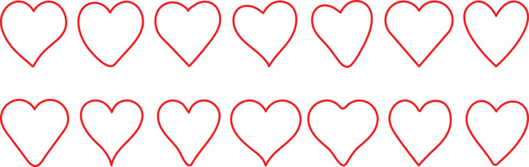 Red heart icons set. Different red vector hearts. Love. Heart icon. Love sign for valentines day, Marriage day, Christmas symbol. Vector illustration