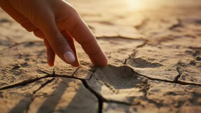 Close up of weathered hand gently touching parched, cracked ground during golden sunset, symbolizing environmental hardship and drought impact