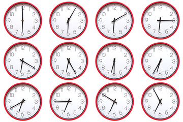 A set of 12 red wall clocks showing each hour from 06:00 to 06:55 or 18:00 to 18:55. Isolated on...
