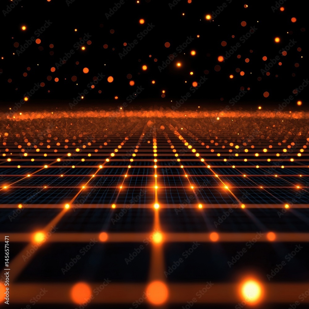 Poster abstract futuristic landscape with dots and grids in dark space