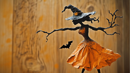 Whimsical witch figure in orange dress and hat, stylized Halloween decoration with black background and bats in motion.