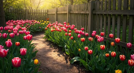 Obraz premium Walking Path Through Colorful Tulips in Garden with Wood Fence