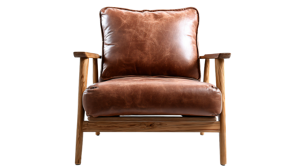 a brown leather chair with a wooden frame
