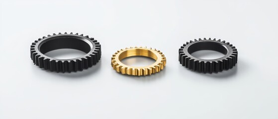 Three Gears on White Surface Studio Shot Close Up Black and Gold Precision Mechanical Parts Engineering
