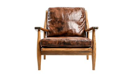 a brown leather chair with a wooden frame