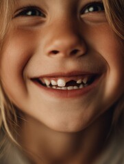 Fototapeta premium Little Girl Joyfully Smiles Showing Her Missing Front Tooth While Enjoying a Sunny Day Outdoors