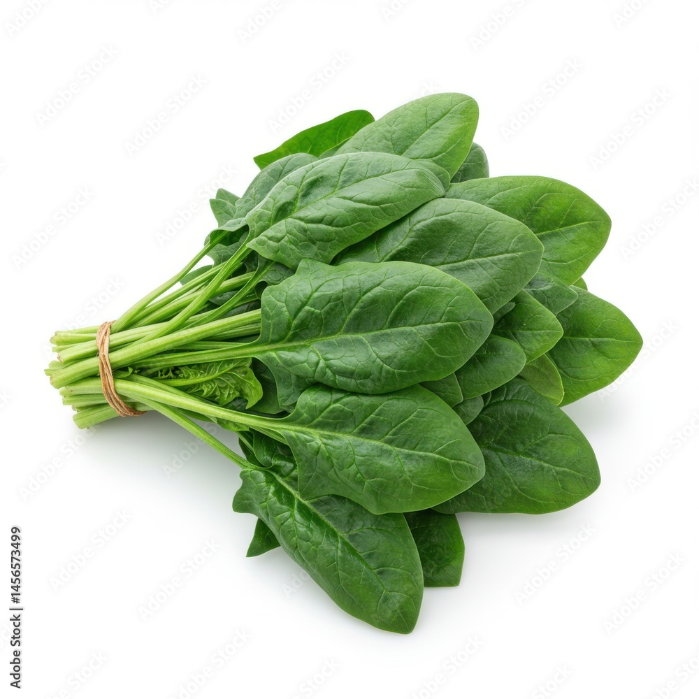 Poster a bunch of fresh spinach leaves tied together with a string on a plain white background in a studio 