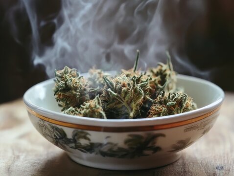 Cannabis Buds in Decorative Bowl with Rising Smoke Close Up Still Life on Wood Surface