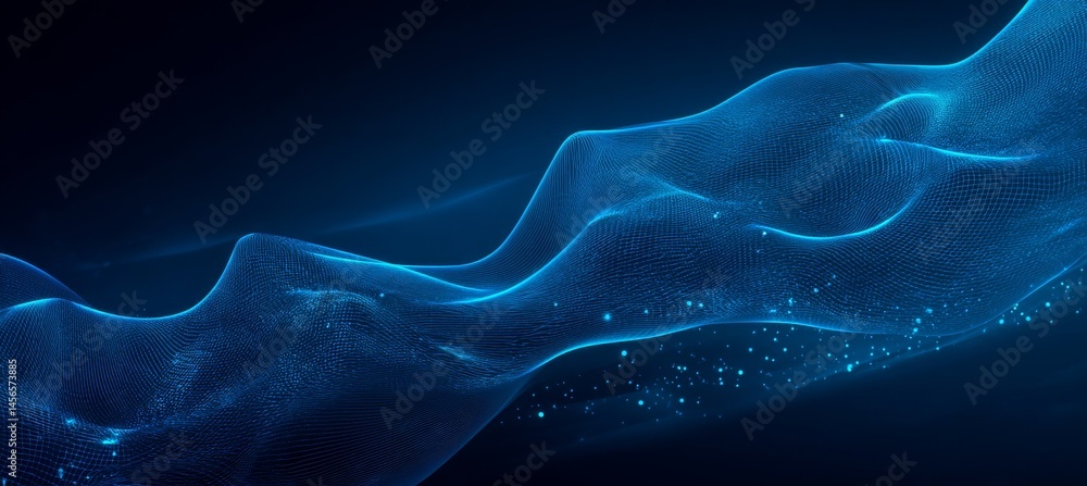 Poster a dynamic digital wave pattern set against an abstract blue background gives this design its sense o