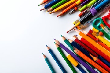 Fototapeta premium Vibrant school supplies are arranged on a white background in a flat lay, conveying the idea of back to school from a direct overhead view