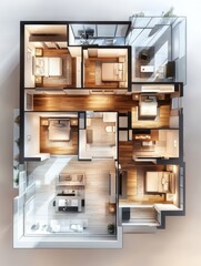 Apartment floor plan aerial view showing bedrooms living room kitchen bathroom and balcony design concept