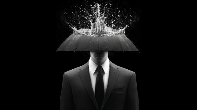 A businessman suspended beneath an umbrella, surrounded by a flurry of innovative thoughts emanating from his mind, set against a dreamlike black-and-white collage backdrop