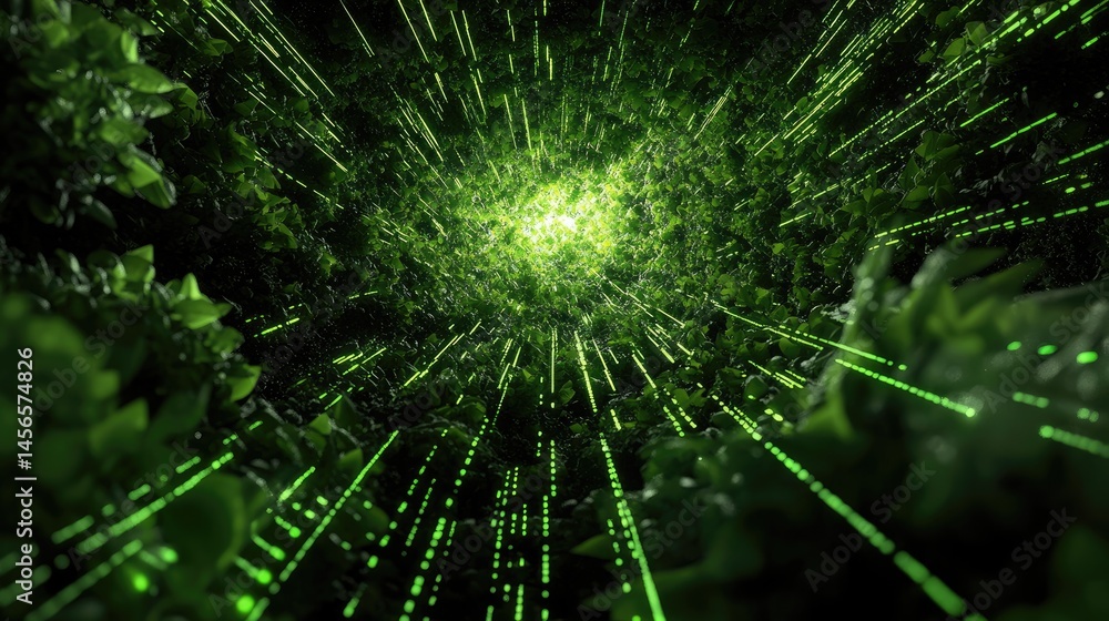 Poster neon green data lines flowing through abstract geometric tech grid, digital future