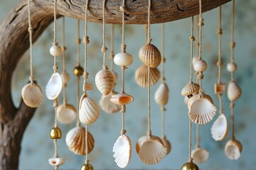 Hanging seashell mobile on driftwood with blue background