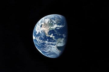Earth from Space View of Planet with Clouds and Continents on Black Background