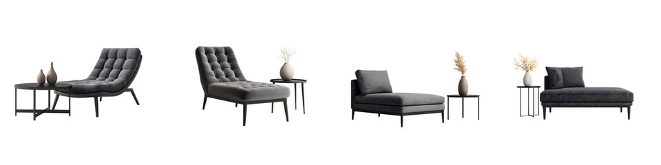 Fototapeta premium Modern living room furniture design with black sofas and chairs.