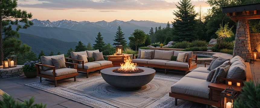 Luxurious outdoor living area featuring a fire pit and mountain view at sunset