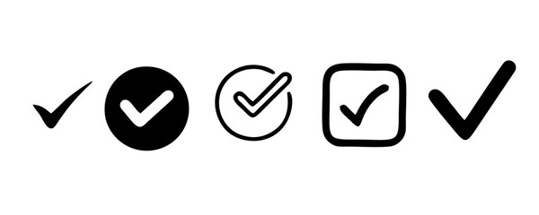 check list icon set. approved symbol, checked checkbox mark, checkmark set, editable line.	