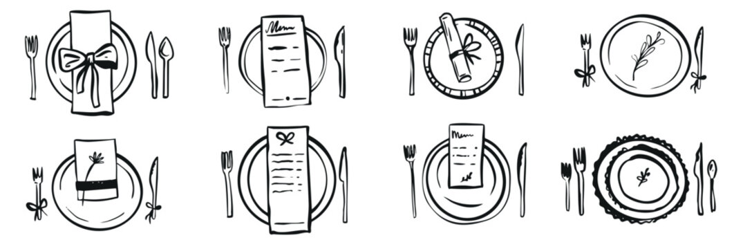 Hand drawn dinner table serving illustration wedding party invitation menu design. Restaurant cafe illustration in retro vintage doodle sketch style.