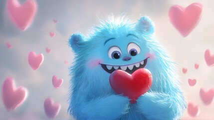 Fototapeta premium Adorable blue creature holding a heart, surrounded by hearts.