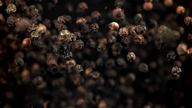 Black pepper flies up and falls down. Filmed on a high-speed camera at 1000 fps. High quality FullHD footage