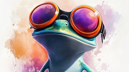 Frog wearing goggles close up watercolor art style amphibian with orange frames and purple lenses abstract background