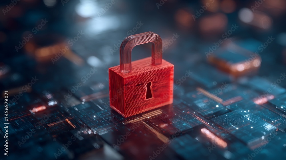Poster digital representation of a red glowing padlock formed by glowing atoms on a dark blue background sy