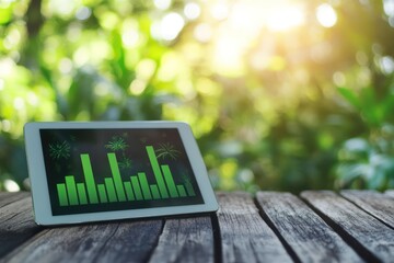 Tablet displaying green bar graph outdoors