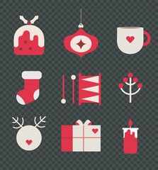 Retro Christmas icons in red, green, and beige, vector set. Geometric Christmas flat illustration set with space for text. Cute holiday and Christmas icons, including festive vector elements.
