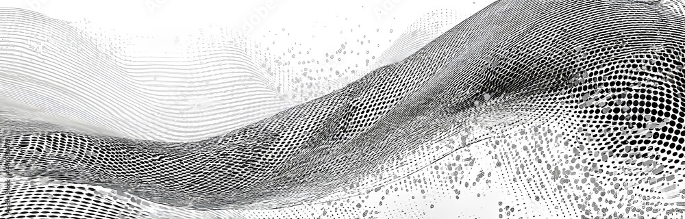 Poster The digital wave background concept takes shape as a dynamic wave with interconnected dots and lines on a white background, constituting an abstract technology background and a method of big data