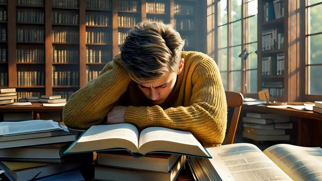 Exhausted Student Sleeping Over Books in Library