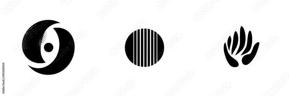 Poster vector illustration of black and white icons representing human figures and patterns in a minimalist
