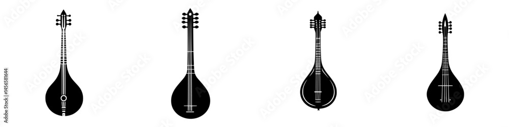 Poster vector illustration of four distinct black and white musical instruments resembling stringed instrum