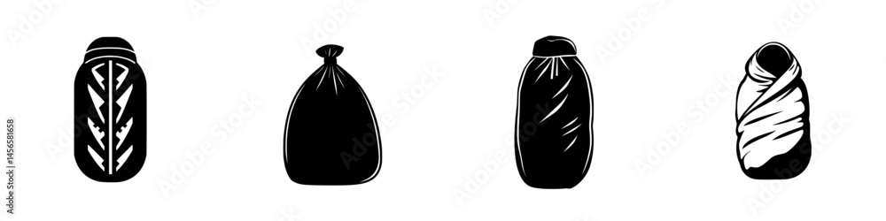 Poster various vector illustrations of black and white sack and bundled object icons in simple design