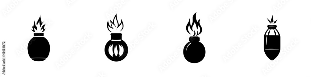 Poster various black and white vector icons representing explosive devices with flame elements