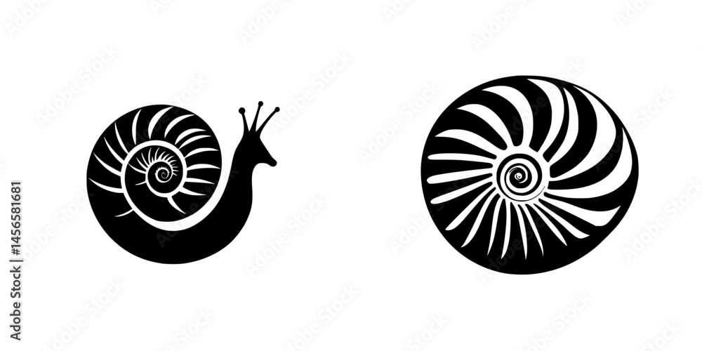 Poster stylized vector icons of a snail and a nautilus shell with intricate spiral patterns in black and wh
