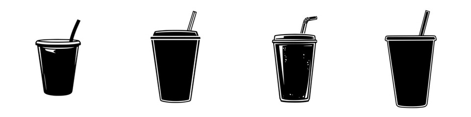 Vector illustration of four distinct beverage containers featuring black and white styles designed for modern digital applications