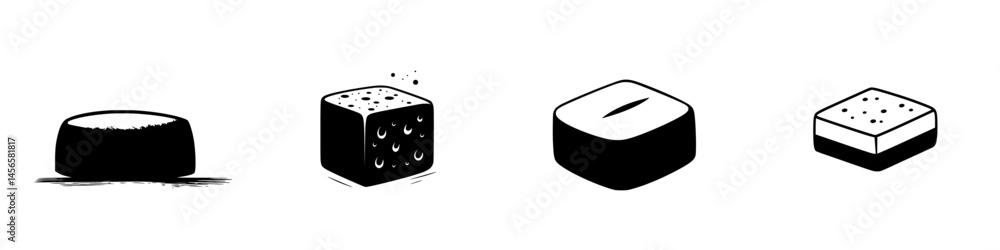 Poster Vector illustration of various cheese shapes and textures in black and white style displaying different varieties of cheese