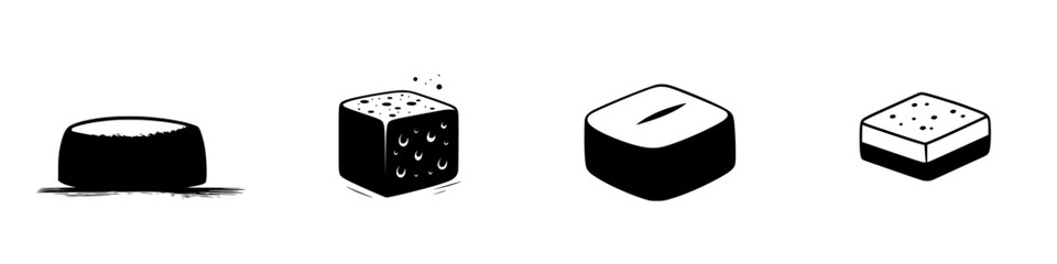 Vector illustration of various cheese shapes and textures in black and white style displaying different varieties of cheese