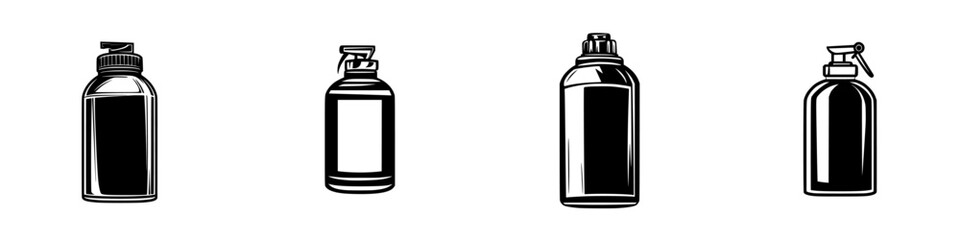 Vector illustration icon set of various spray bottles in black and white for design and graphic use