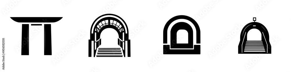 Poster unique black and white vector illustration of various archways and structures from different cultura