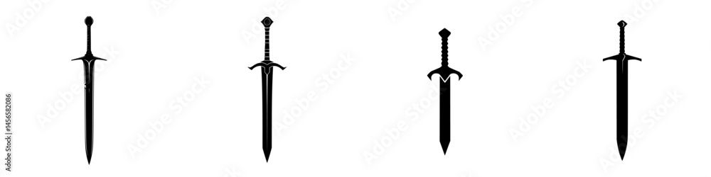 Poster collection of four unique vector sword icons in black and white for digital design projects