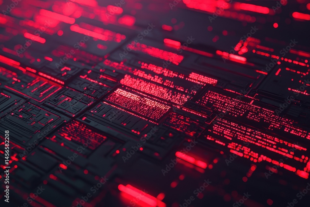 Poster dark abstract background with red neon light patterns and textures