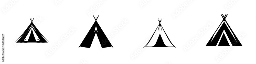 Poster vector illustration of four different teepee designs showcasing unique shapes and structures in blac